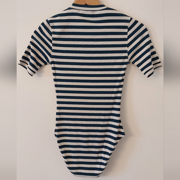Capulet Short Sleeve Striped Teal/Cream Ribbed Knit Bodysuit size S - Picture 2 of 6